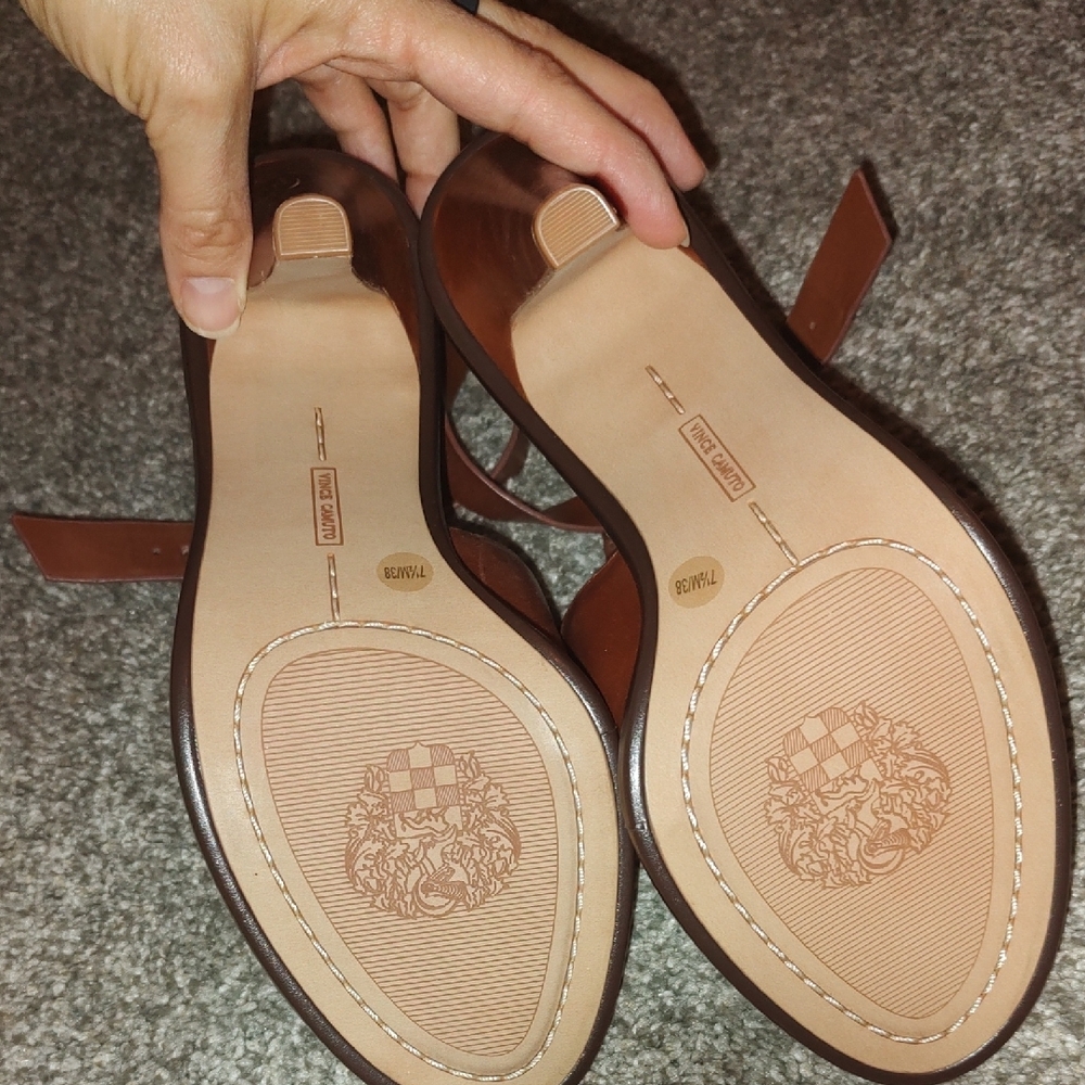 Vince Camuto Tan Leather Peep-Toe Heels - Picture 7 of 8